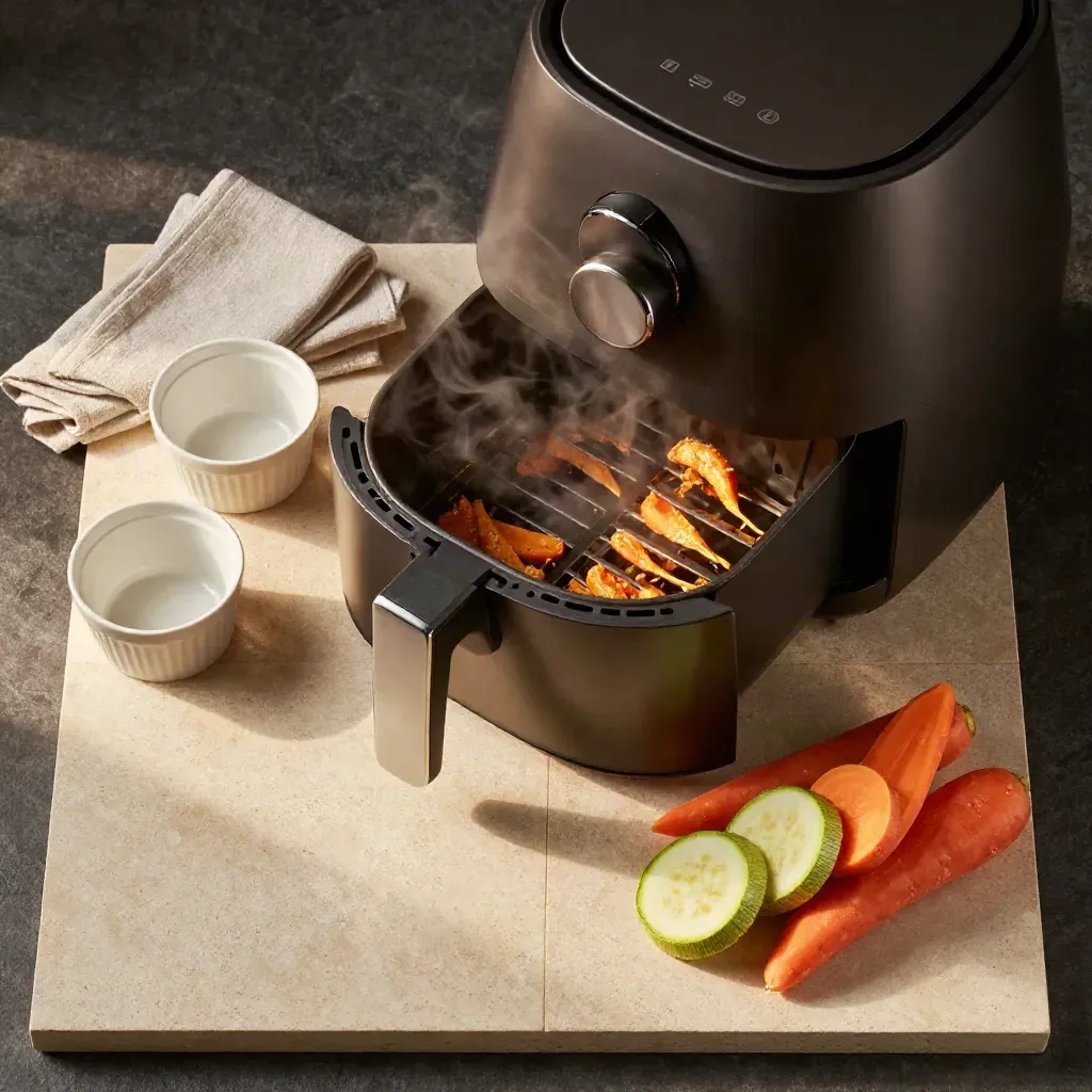 Overhead air fryer flatlay with ramekins, towel, sliced vegetables and gentle steam.