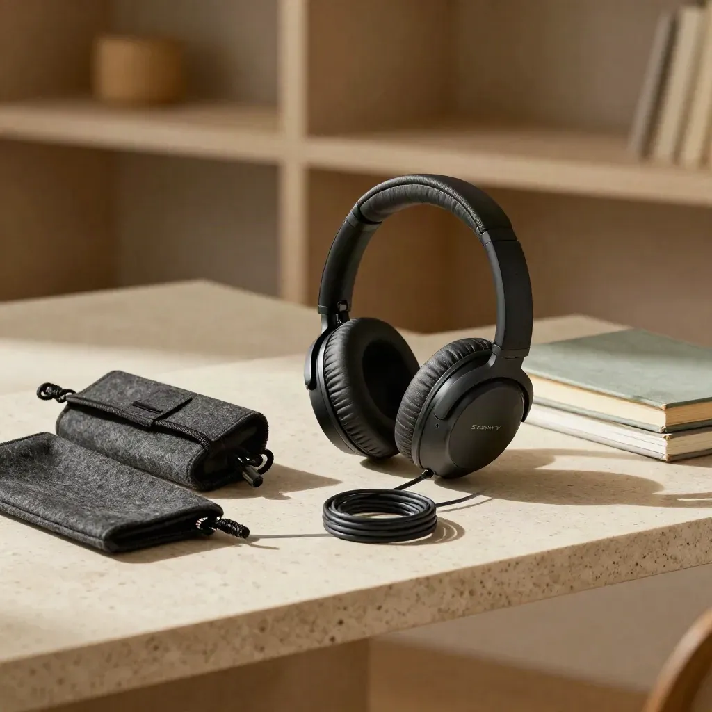 Black over-ear headphones with cable, felt pouch and face-down books on a travertine shelf.