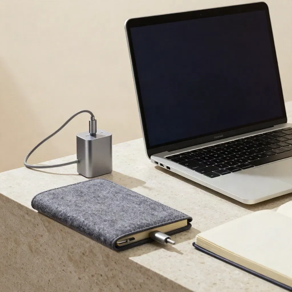Silver MacBook Air, charger, felt sleeve and face-down notebook on travertine in soft studio light.