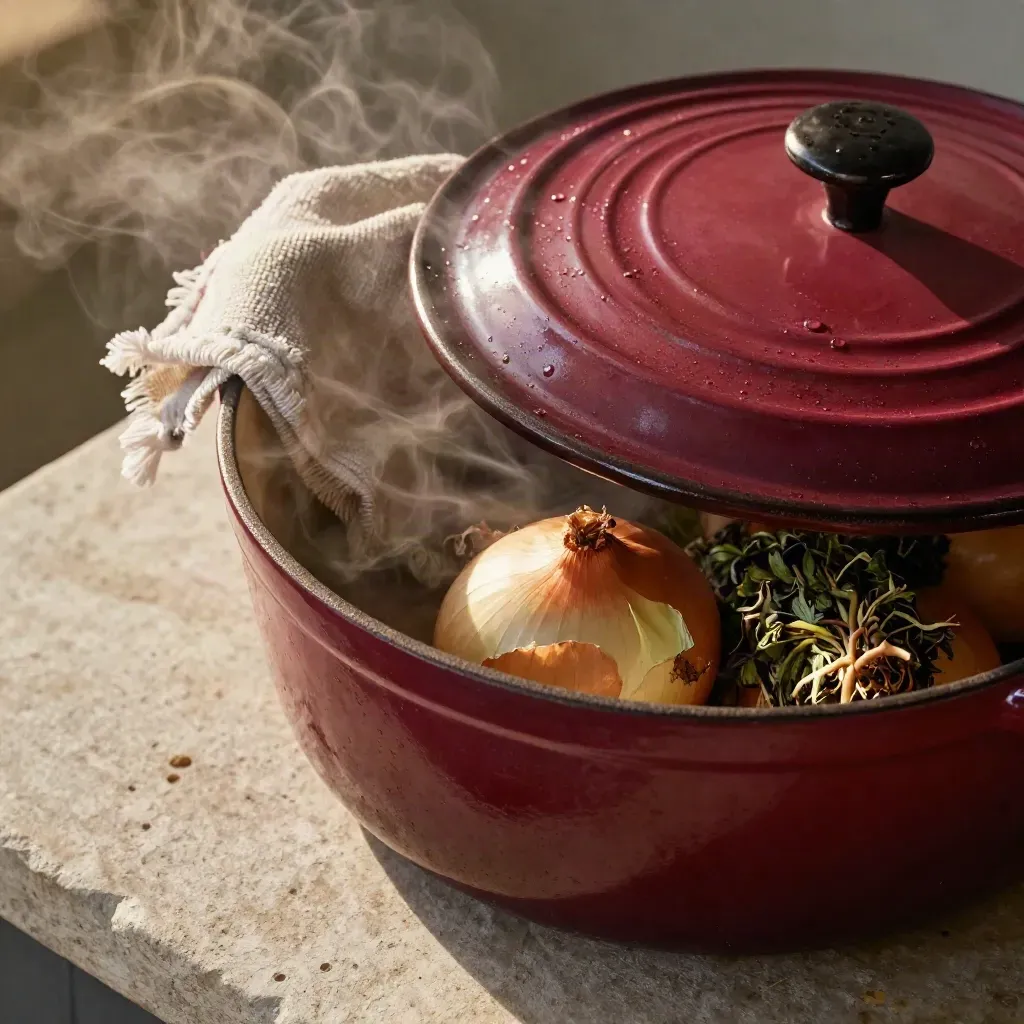 Cerise red Dutch oven with steam, onion, herbs, and linen towel on stone.