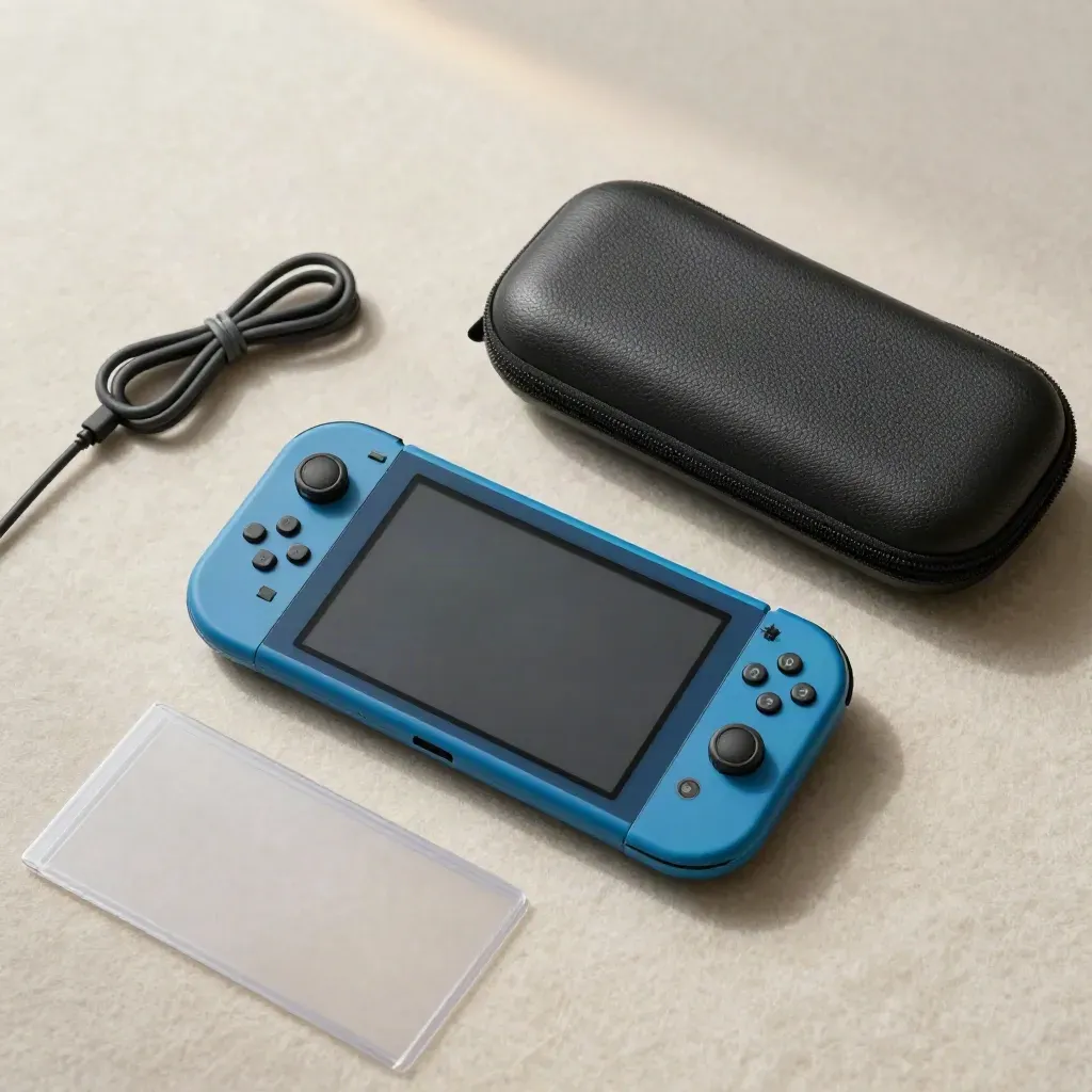 Overhead flatlay of a blue handheld game console with charger, case, and sleeve on pale felt