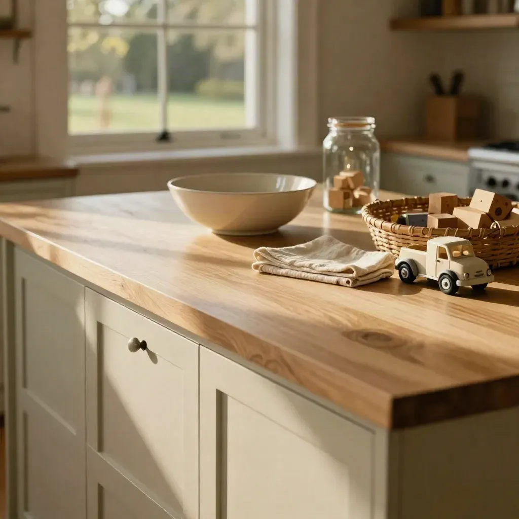 Warm family kitchen island with bowls, linen, toy blocks, and a blurred garden window.