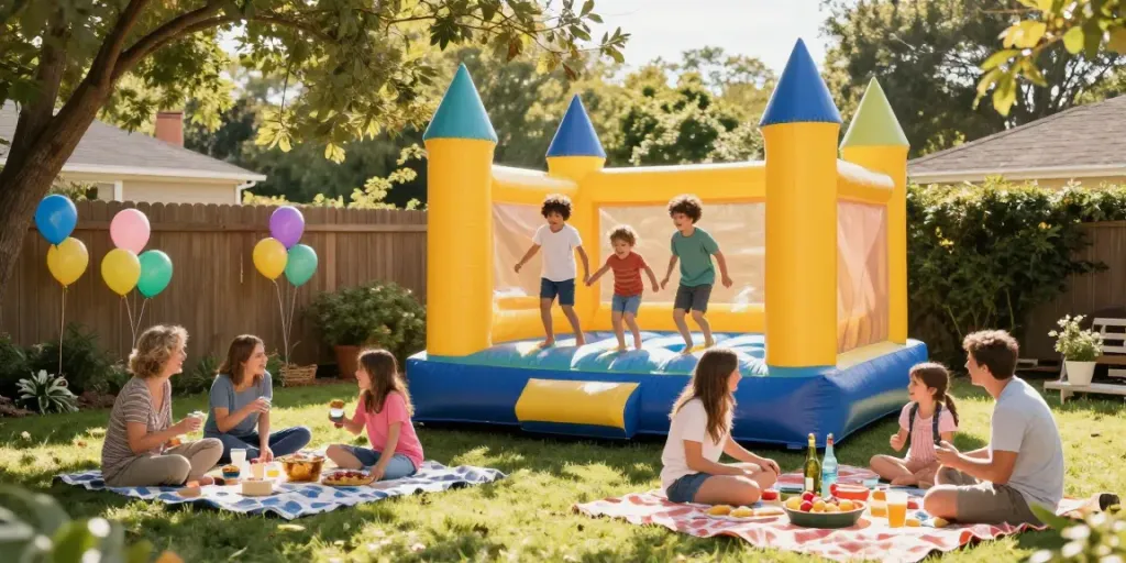 Bouncy castle fun with happy children bouncing during a sunny outdoor party.